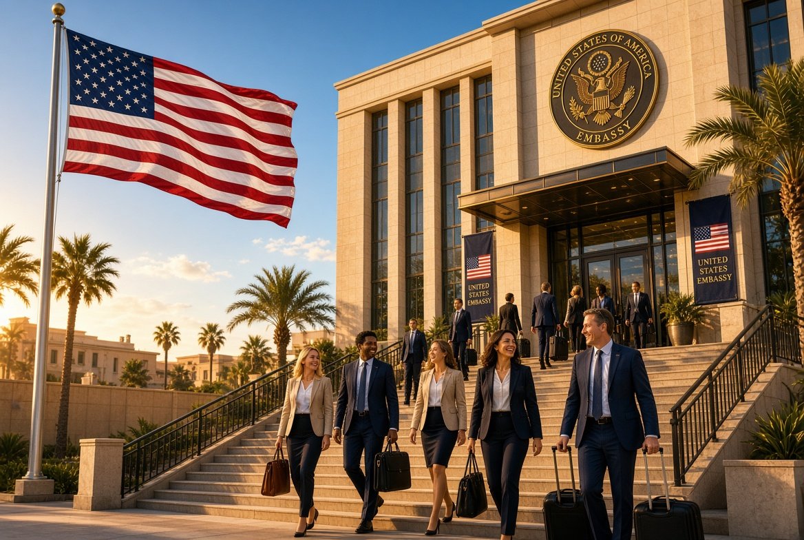 US diplomatic staff walking with briefcases toward the United States Embassy entrance under a waving American flag in a sunny Middle Eastern city