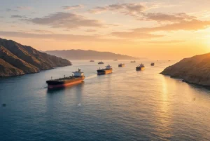 Large oil tankers navigating the calm waters of the Strait of Hormuz at golden sunset with rocky coasts on both sides, representing progress toward a US Iran deal