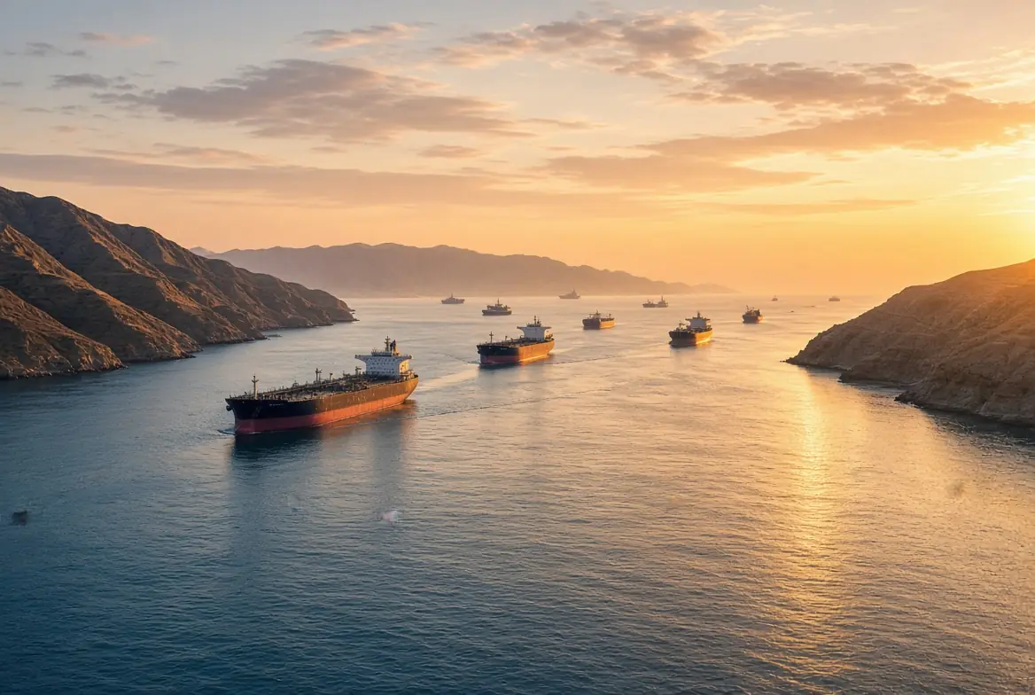 Large oil tankers navigating the calm waters of the Strait of Hormuz at golden sunset with rocky coasts on both sides, representing progress toward a US Iran deal