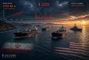 Oil tankers and US warship in Strait of Hormuz under economic pressure during US Iran sanctions crisis with rising Brent crude prices and restricted traffic graphics