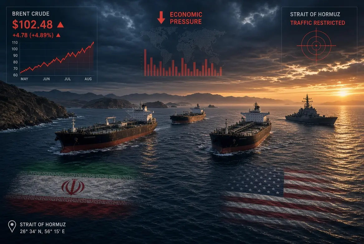 Oil tankers and US warship in Strait of Hormuz under economic pressure during US Iran sanctions crisis with rising Brent crude prices and restricted traffic graphics