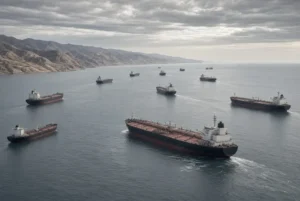 US Iran Sanctions impact shown by oil tankers at near standstill in the Strait of Hormuz under cloudy skies