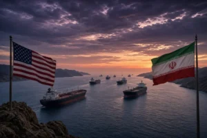 United States and Iran flags flying over oil tankers in the Strait of Hormuz during rising US Iran war tensions