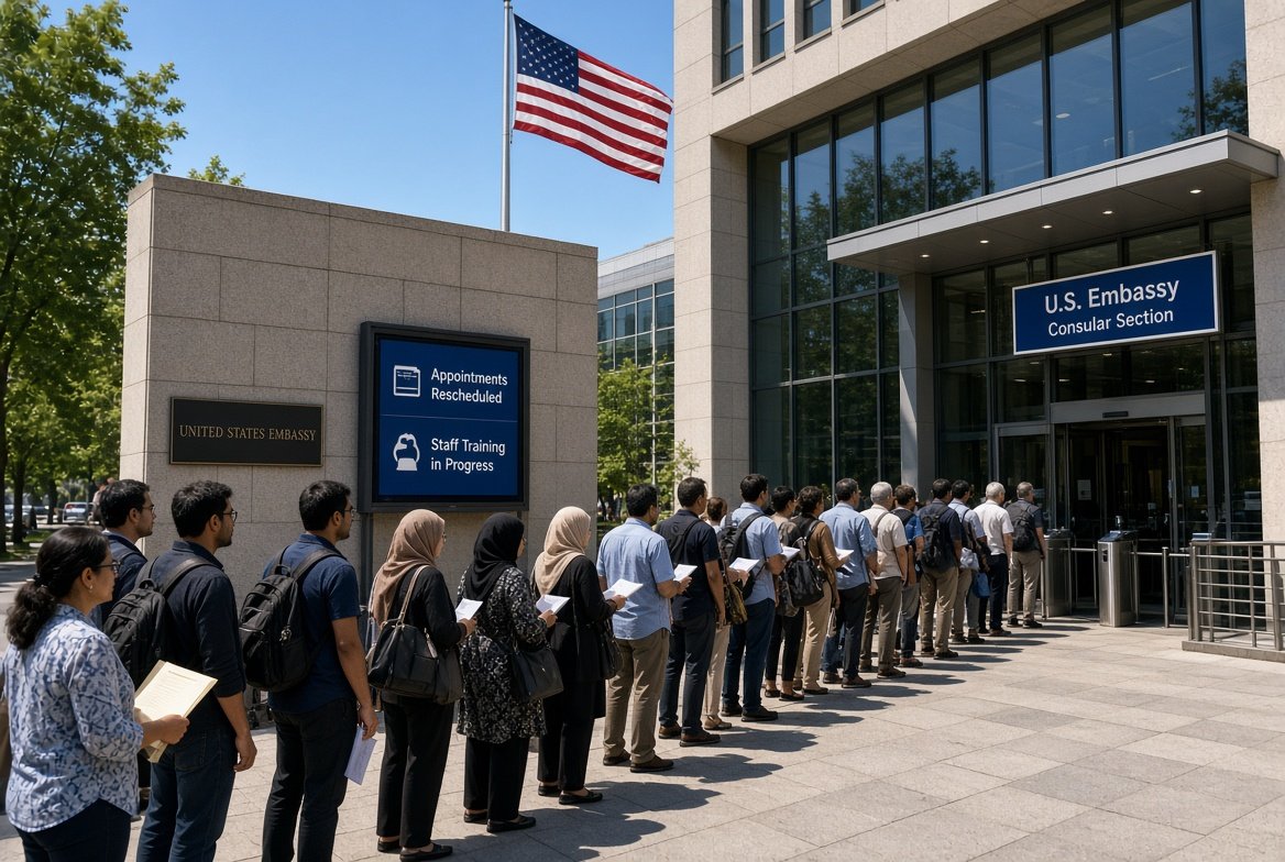 Diverse international applicants standing in line outside US Embassy consular section during visa appointments pause for global training initiative
