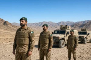 Pakistani security forces standing alert in Washuk IBO desert terrain of Balochistan during intelligence based operation