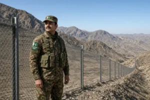 Pakistan Army soldier standing by border fence along Afghanistan frontier related to weapons smuggling claim