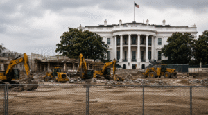 White House ballroom construction site with heavy machinery