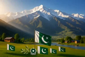 Scenic Kashmir valley with snow-capped mountains, Pakistani flags and Armed Forces emblem showing solidarity on Youm e Istehsal