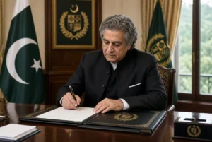 President Asif Ali Zardari signing documents for Zardari judges appointment to high courts at Aiwan-e-Sadr