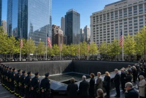 Firefighters and mourners gather at the reflecting pools during the 9/11 anniversary ceremony at the World Trade Center Memorial in New York