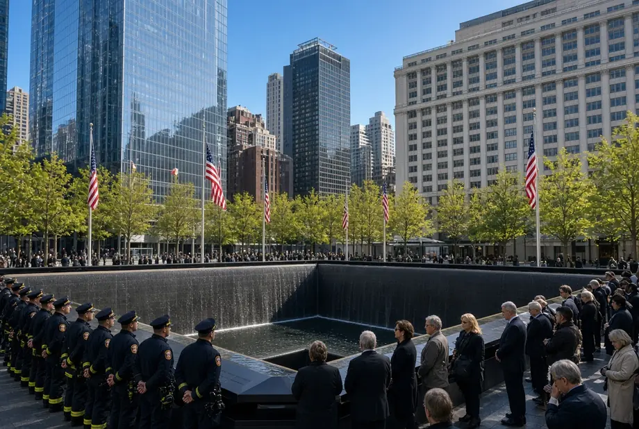 Firefighters and mourners gather at the reflecting pools during the 9/11 anniversary ceremony at the World Trade Center Memorial in New York