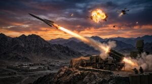 Military air defence system intercepting Afghan border drones in mountainous terrain