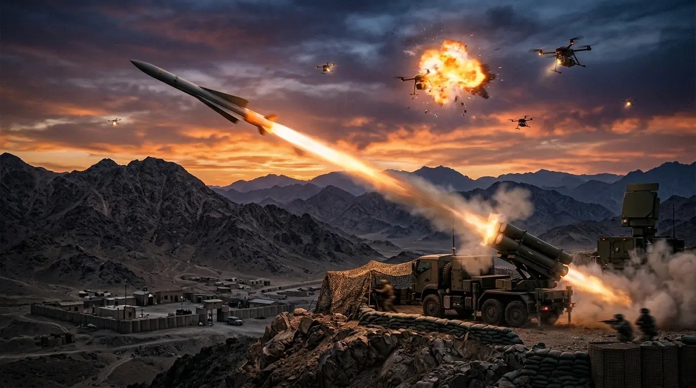 Military air defence system intercepting Afghan border drones in mountainous terrain