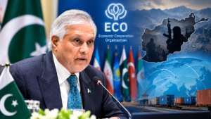 Ishaq Dar speaking at an ECO meeting about the Afghan terror threat and regional security.