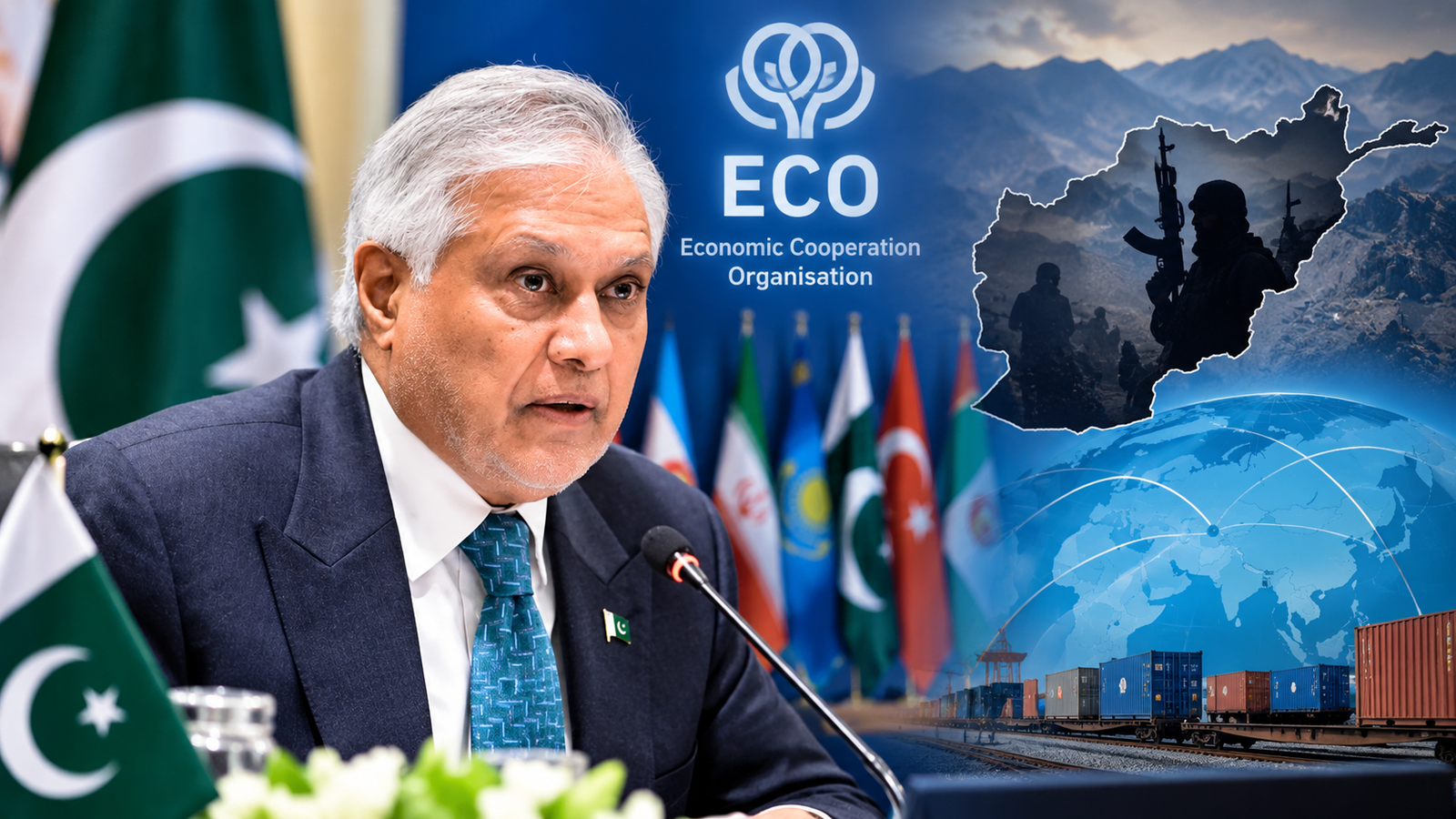 Ishaq Dar speaking at an ECO meeting about the Afghan terror threat and regional security.