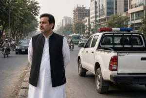 Sohail Afridi standing beside a police van on a busy Lahore street during the Afridi abduction claim incident