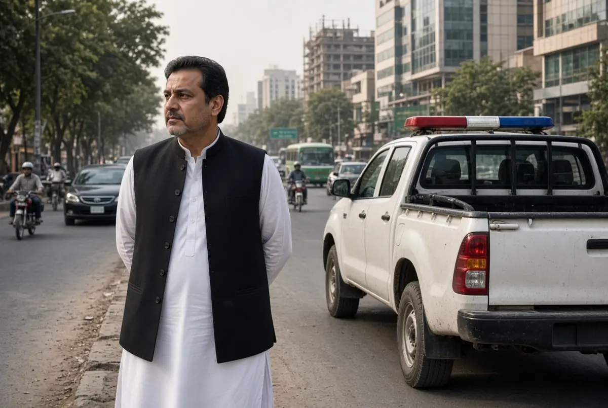 Sohail Afridi standing beside a police van on a busy Lahore street during the Afridi abduction claim incident