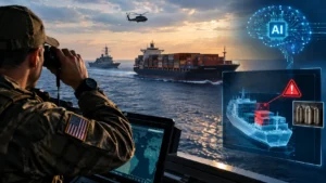 Military officer using AI surveillance and digital HUD to scan container ship cargo for threats at sea