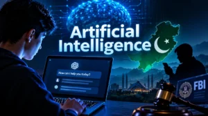 Artificial intelligence and AI murder plots in Pakistan shown in a cinematic digital illustration
