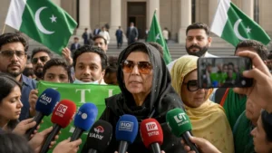 Aleema Khan in black headscarf and sunglasses addressing media microphones with PTI supporters and flags related to Aleema Khan detention under MPO