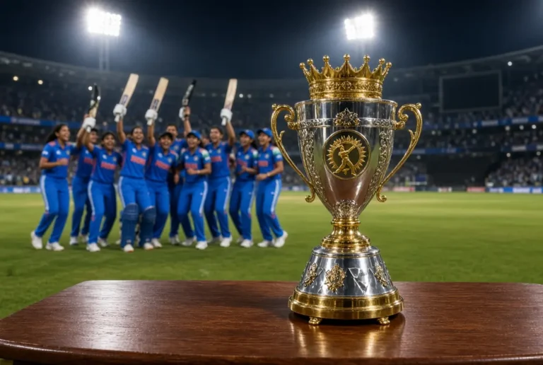 Asia Cup Trophy standing on wooden table with Indian women’s cricket team celebrating victory in blue jerseys at Dubai stadium under floodlights