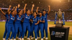 Indian women’s cricket team celebrating Asia Cup Trophy win after defeating Sri Lanka in the final at Dubai stadium