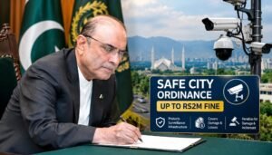 President Asif Ali Zardari signing document with Safe City Ordinance details and CCTV camera background