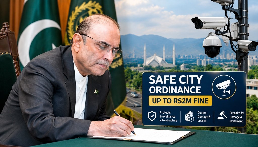 President Asif Ali Zardari signing document with Safe City Ordinance details and CCTV camera background