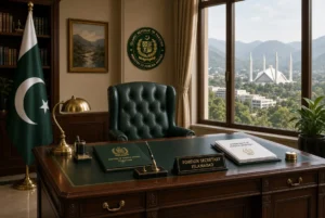 Elegant Foreign Office desk with Pakistani flag, official documents and Faisal Mosque view symbolizing Asim Iftikhar secretary appointment
