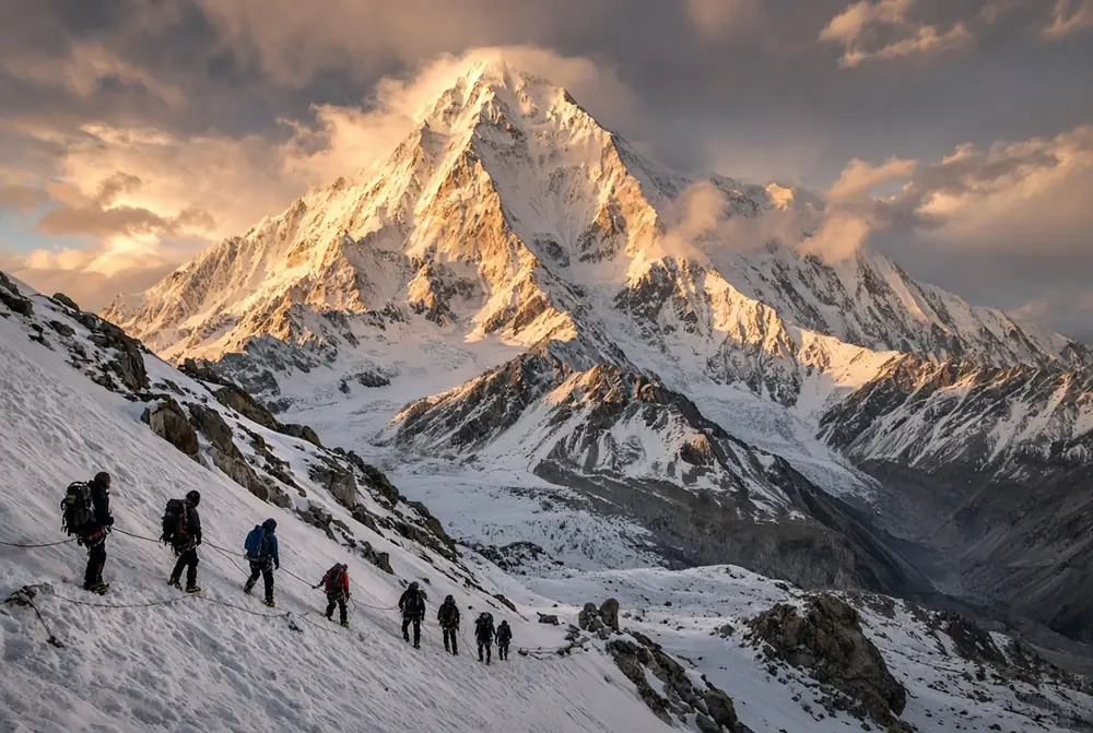 High-altitude climbers on snowy slope of Spantik Peak during Asma Mushtaq body recovery operation in Karakoram range
