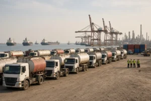 Rows of empty oil tanker trucks parked at quiet Umm Qasr port during Basra oil crisis in southern Iraq