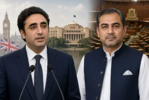 Bilawal Naqvi high-quality collage of PPP Chairman Bilawal Bhutto Zardari speaking and Interior Minister Mohsin Naqvi with Pakistani parliament background