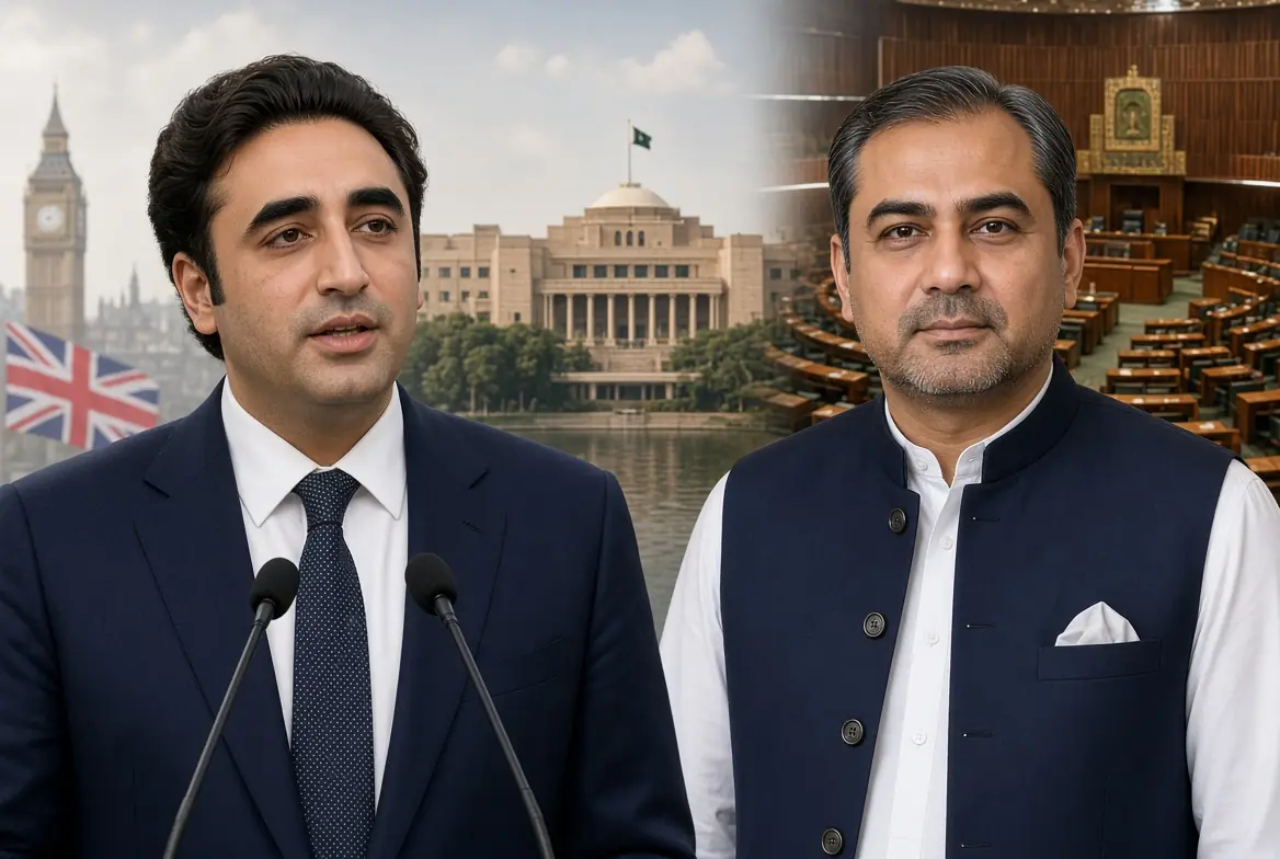 Bilawal Naqvi high-quality collage of PPP Chairman Bilawal Bhutto Zardari speaking and Interior Minister Mohsin Naqvi with Pakistani parliament background