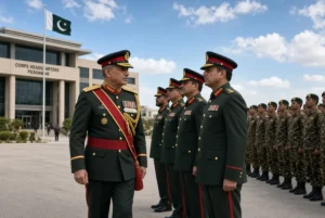 High-quality image of CDF Munir visit showing Field Marshal reviewing army officers in formal uniform at Corps Headquarters Peshawar with Pakistan flag in background