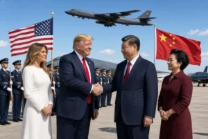 US President Donald Trump shakes hands with Chinese President Xi Jinping at Joint Base Andrews during China trade truce extension visit