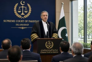 CJP Yahya Afridi speaking at Supreme Court of Pakistan conference in Islamabad wearing judicial robes
