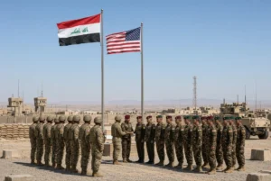 US and Iraqi soldiers during formal handover ceremony at a military base as the coalition ends Iraq mission under clear desert sky with national flags