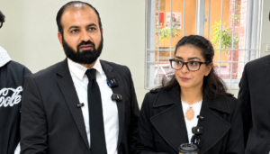 Lawyers Imaan Mazari and Hadi Ali Chattha addressing reporters regarding the contempt proceedings case