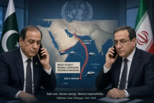 Pakistani Foreign Minister Ishaq Dar and Iranian Foreign Minister Abbas Araghchi in phone conversation on energy security, safe shipping lanes through Strait of Hormuz and Bab al-Mandab, with map of vital maritime routes and Pakistan-Iran flags