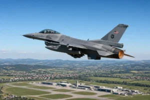 US Air Force F-16 Fighting Falcon flying over an airbase landscape in Germany related to the F-16 crash Germany incident