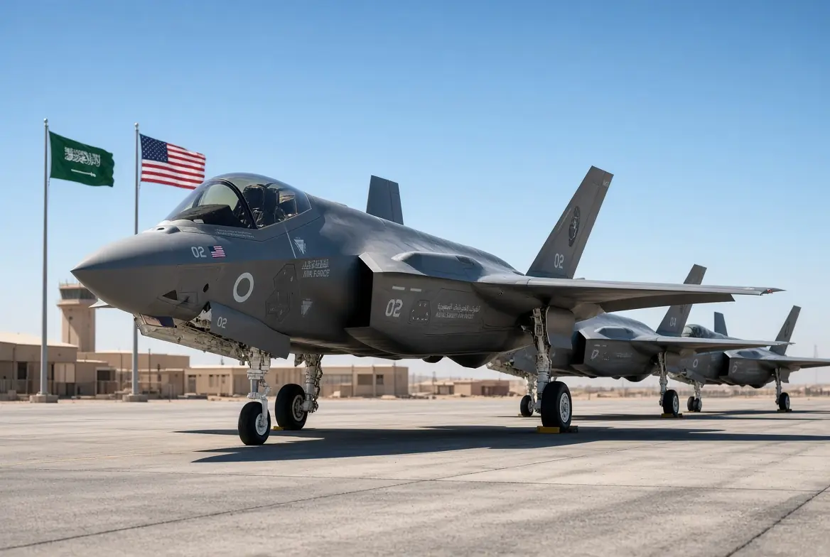 Lockheed Martin F-35 Lightning II fighter jets on tarmac for proposed F-35 Saudi sale with US and Saudi flags
