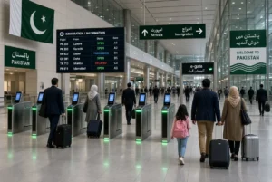 Passengers walking through modern automated FIA e-gates at a Pakistan international airport immigration area with digital information screens and Pakistani flags