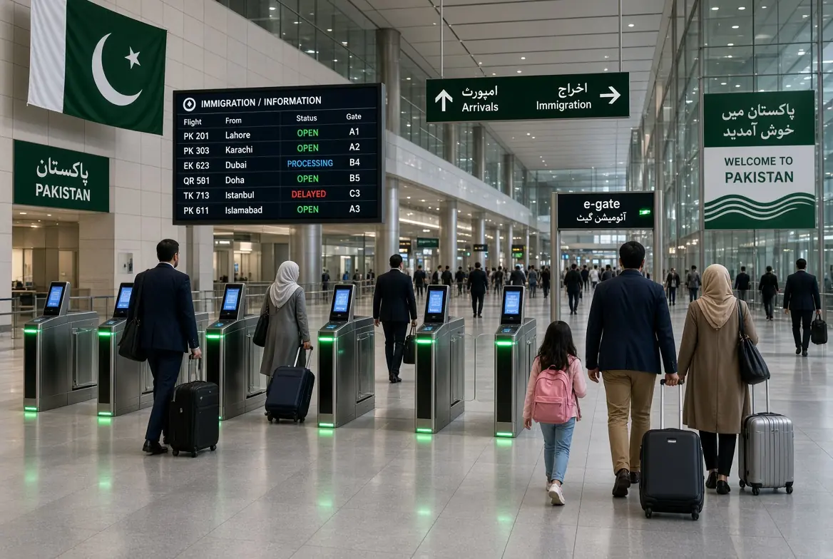 Passengers walking through modern automated FIA e-gates at a Pakistan international airport immigration area with digital information screens and Pakistani flags