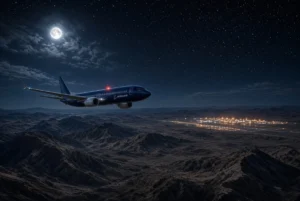Boeing 737 airplane flying at night over northwestern Saudi desert mountains during the flight diverted Saudi incident near Tabuk airport under full moon