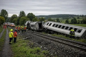 Emergency responders and firefighters at the site of a France train derailment with overturned carriages near Cléon in Normandy