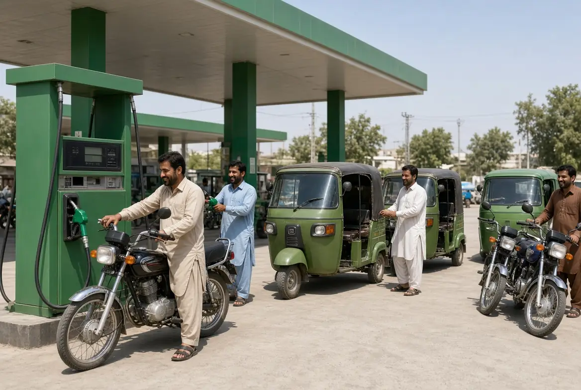 Pakistani men filling petrol in motorcycles and green auto-rickshaws at a modern petrol station under the Prime Minister Fuel Relief Scheme