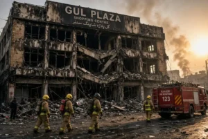 Aftermath of the Gul Plaza fire showing firefighters and Karachi Fire Department truck outside the burned shopping centre building