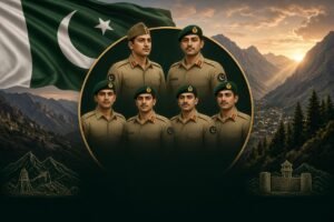 Respectful memorial tribute to Hangu soldiers martyred showing six Pakistan Army personnel in uniform with Pakistani flag and Khyber Pakhtunkhwa mountains