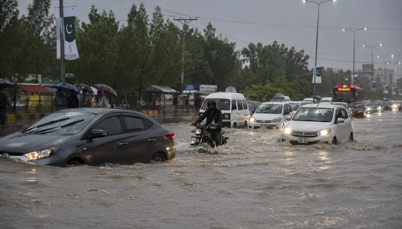 Heavy rain causes urban flooding on a city road with vehicles and pedestrians