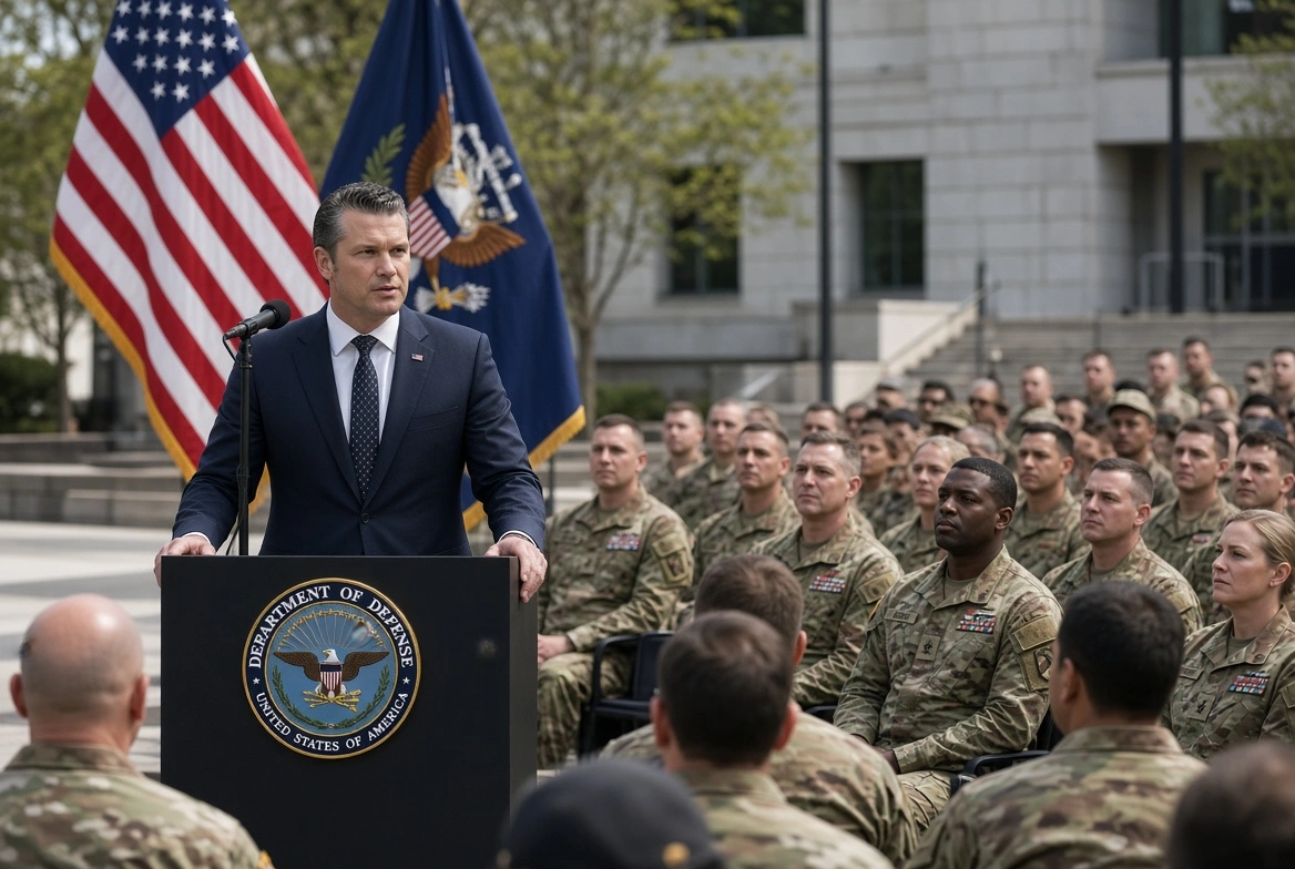 US Defence Secretary Pete Hegseth addressing military officers at a formal event as Hegseth military cuts of 20 percent general and admiral positions are announced